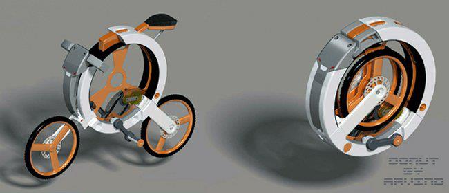 :: Donut bike concept folds up for portability ::

Bring the bike into the office and set it under your desk with this neat design. It is designed by Arvind M and will allow you to fold it up and carry it on the go just like a bag or briefcase. It looks like it folds up pretty easily.
Hopefully they actually market this one at some point. It’s great for people who live in apartments and have no room to store typical bikes.