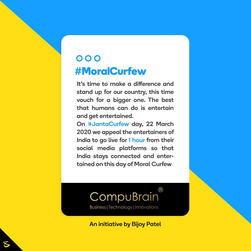 Tag and take the #MoralCurfew challenge.

#JantaCurfew #Business #Technology #Innovations #compubrain